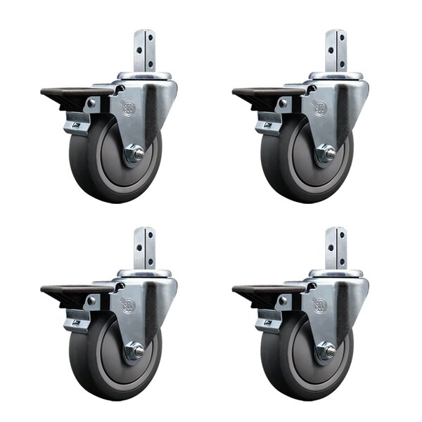 4'' Thermoplastic Rubber Swivel 7/8'' Square Stem Caster Set with Brake, 4PK